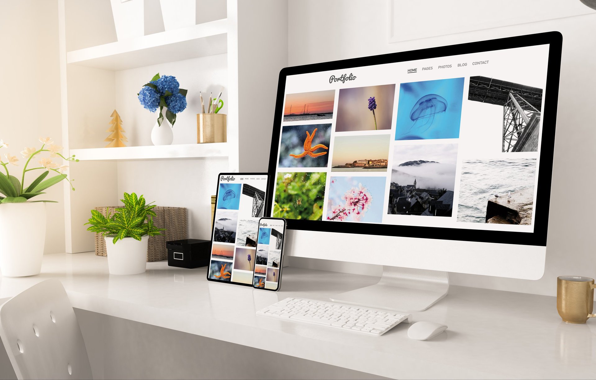 Portfolio website on home office setup 3d rendering